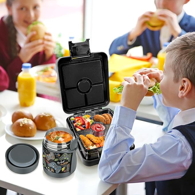 Bento Lunch Box Set With 10oz Soup Thermo, Leak-proof Lunch Containers with 4 Compartment, Kids Hot Thermo Food Jar/Insulation Lunch Bag, Food Containers for School (Black-Games)