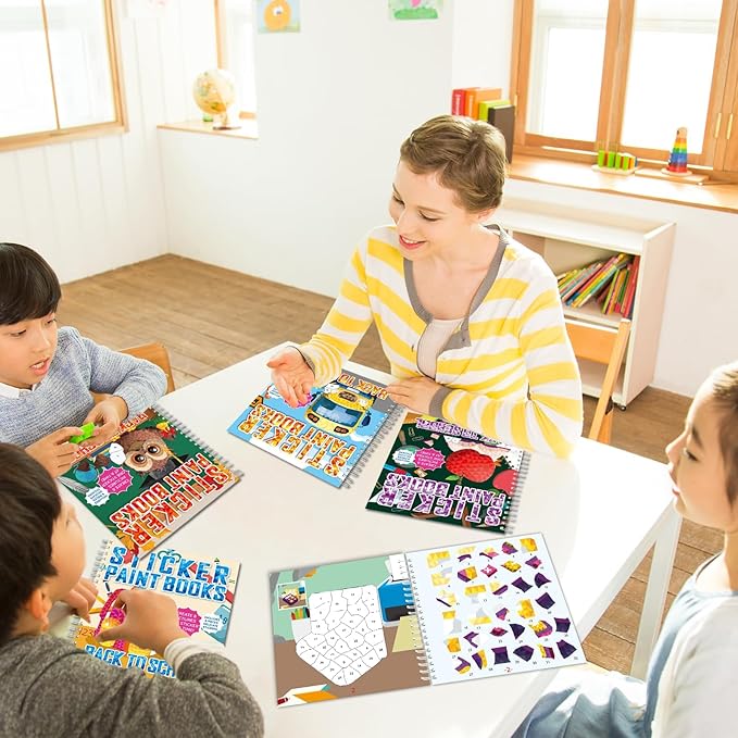 4Pcs Back to School Paint by Sticker Books Sticker by Number Books Activity Book Puzzle Book Craft Art Gift School Bus Apple Owl Alarm 32 Pictures