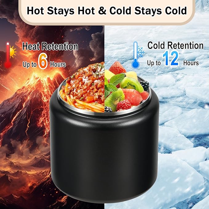 26oz Kids Thermos for Hot Food, Insulated Vacuum Food Jar with Buckle Lid, Stainless Steel Wide Mouth Leak Proof Insulated Lunch Container for School Picnic Travel, Black