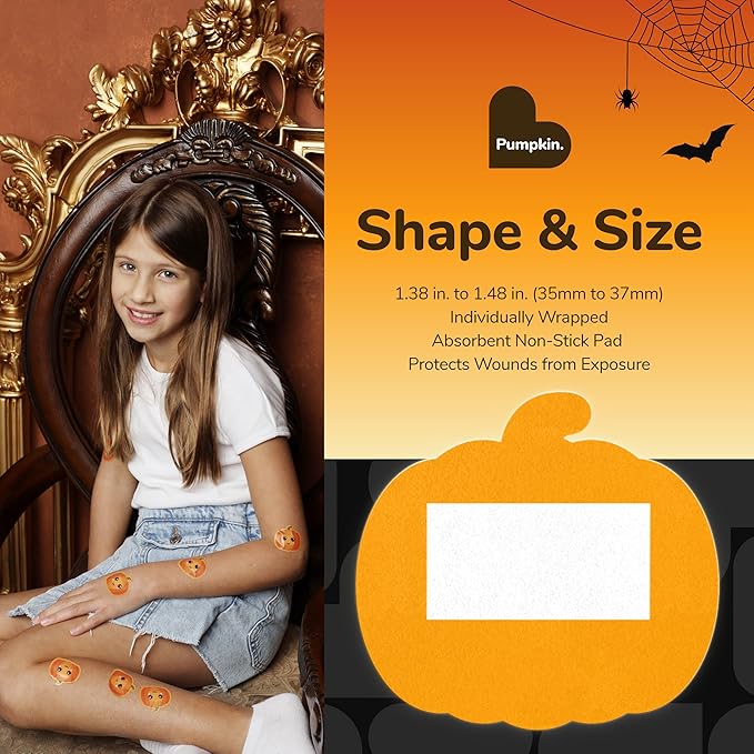 BioSwiss Bandages, Halloween Pumpkin Shaped Self Adhesive Bandage, Latex Free Sterile Wound Care, Fun First Aid Kit Supplies for Kids, 24 Count