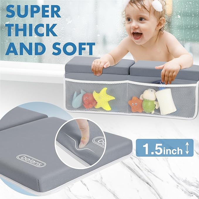 beiens Bath Kneeler and Elbow Rest Pad Set - 1.5'' Comfortable Thick Baby Bath Kneeler Pads, Quick Dry Soft Kneeling Pad for Baby Bath Time, Non-Slip Knee& Arm Support Bathtub Mat with Toys Organizer