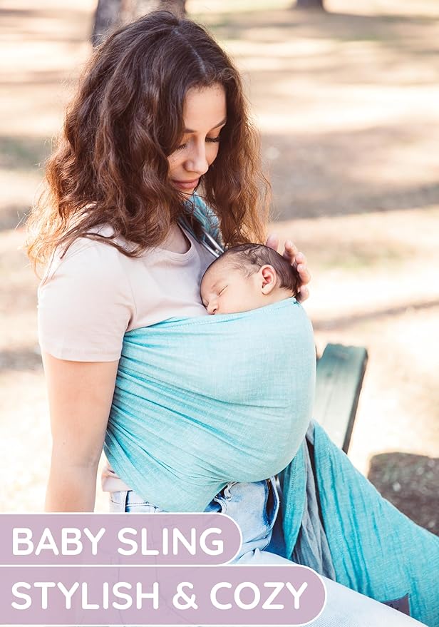 Baby Sling Carrier – Breathable 100% Cotton Wrap for Infant Support, Ring Sling Baby Carrier – Grey Turquoise Adjustable Muslin Fabric – Soft Chest Hold for Travel