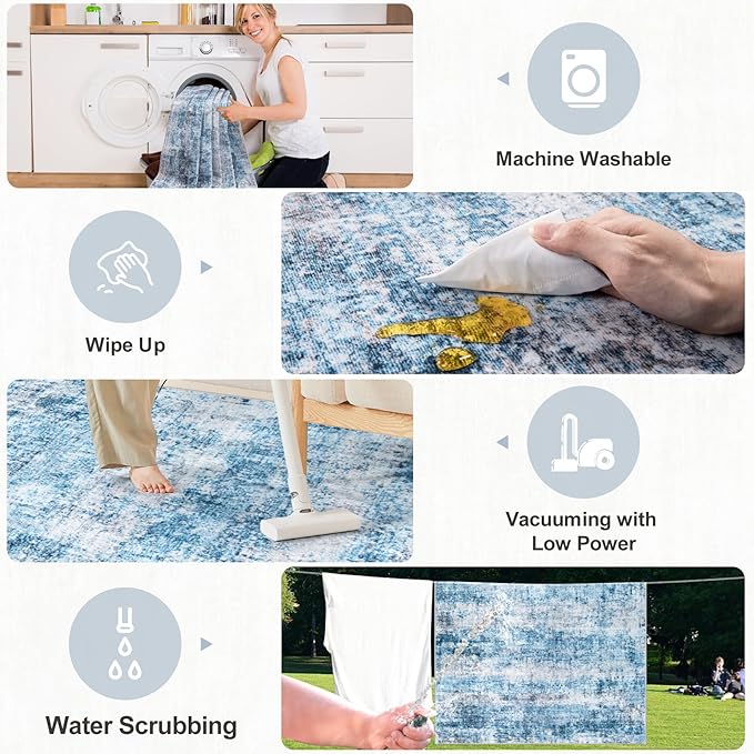 Area Rugs Living Room Rug - 5x7 Washable Modern Abstract Soft Neutral Non-Slip Carpet Large Indoor Floor Thin Carpets for Bedroom Dining Room Farmhouse Nursery Home Office Blue Grey