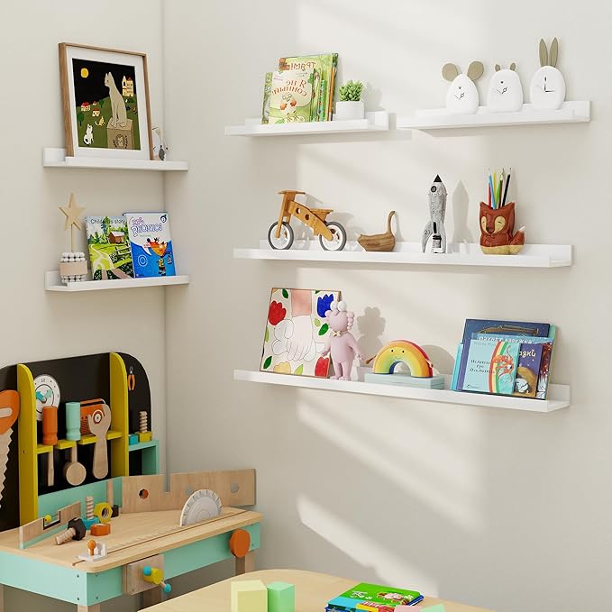 Axeman Picture Ledge Shelf, Floating Shelves for Wall Decor Storage Set of 6, 55 inch Floating Wall Mounted Shelves, Wall Shelves with Lip for Living Room, Bedroom, Nursery, Bathroom, Kitchen, White