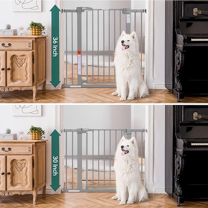 BABELIO 36-Inch Tall Baby Gate, 26-40" Wide Auto-Close Pet Gate, Easy Install and No-Drilling, Pressure Mounted with Wall Protectors and Extension Kits, Gray