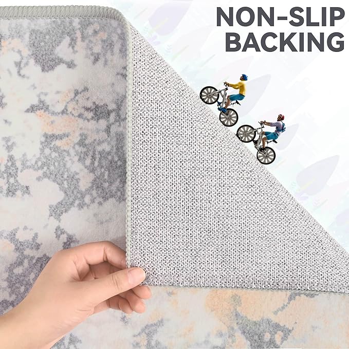 Area Rug 4x6 Washable Grey Rug for Bedroom, Abstract Modern Living Room Rugs Non Slip Low Pile, Carpet for Kitchen, Nursery, Kids Room, Office