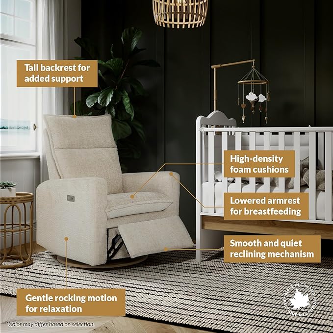 Arya Modern Nursery Chair Glider Recliner with 180° Swivel - Cozy Motorized Reclining Nursing Chair with USB Ports, Gentle Motion, Ergonomic Design, Canadian-Made (Sand/Como Fabric)