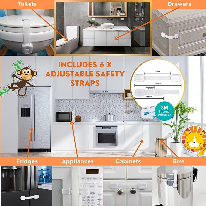 Baby Proofing Kit 67pcs All in One Includes Magnetic Cabinet Locks for Baby Proofing, Corner Bumper Protectors, Child Safety Strap Locks, Power Point Outlet Covers, Finger Pinch Guards & Bath Toys