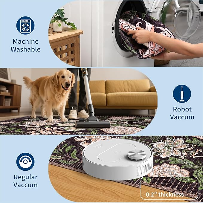 GarveeHome Plum Pink Floral Botanical Washable 9x12 Area Rug for Living Room Soft Black Purple Vintage Boho Cottage Large Rugs Low Pile Carpet for Bedroom Dining Nursery Rug