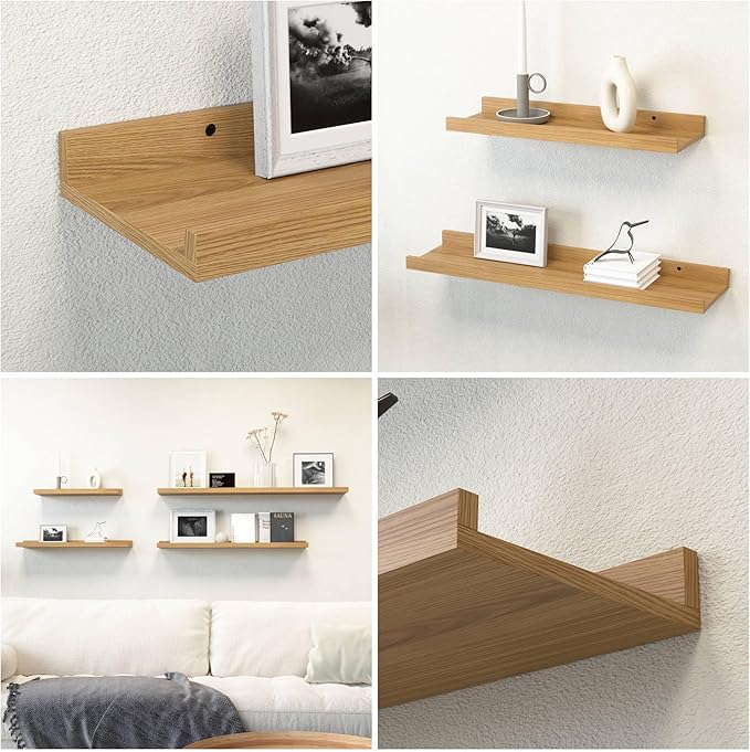 Floating Shelves Wall Mounted Set of 2, Modern Wall Shelves for Storage with Lip, Display Picture Ledge Shelf for Wall Decor Bedroom Living Room Bathroom Kitchen - Oak