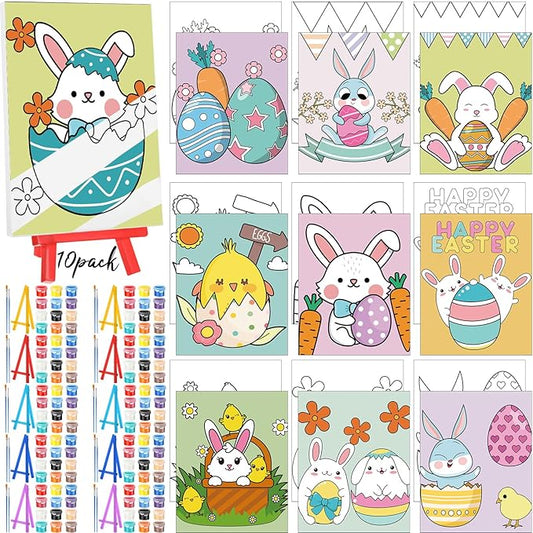 Blosssound 10 Set Pre Printed Canvas Pre Drawn Canvas Painting with Easel Kits 5" x 7" Outline Painting Panels for Beginners, DIY Craft Project, Party Favor, Home Decors(Bunny)