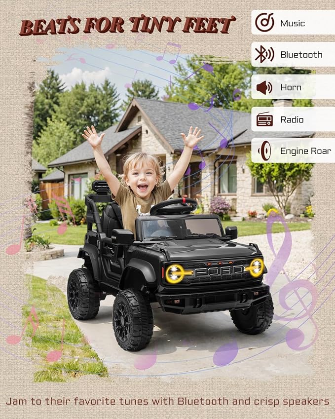 12V Ride on Toys for Kids, Licensed Ford Bronco Raptor Children Electric Vehicles, Toddler Battery Powered Car with Double Doors, 3 Point Safety Belt, Led Lights (12V, Black)