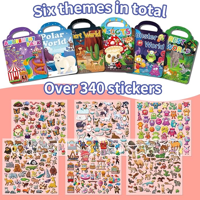 6Set Reusable Sticker Books for Kids 1-3 2-4 Years Old, 3D Puffy Stickers Books for Toddlers,Monster+Insects+Forest+Desert+Polar+Amusement Park