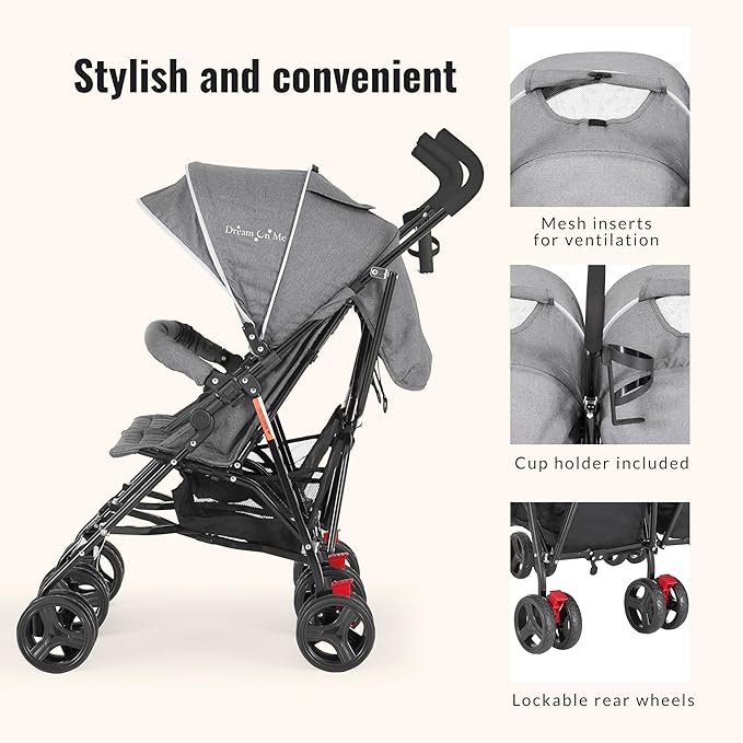 Dream On Me Volgo Twin Umbrella Stroller in Gray, Lightweight Double Stroller for Infant & Toddler, Compact Easy Fold, Large Storage Basket, Large and Adjustable Canopy