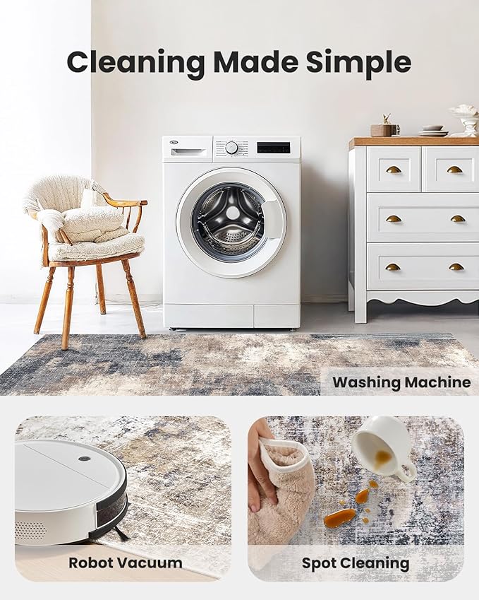 Amada 8x10 Area Rug, Modern Abstract Living Room Rug with Non-Slip Backing & Short Pile, Large Washable Rug with Abstract Pattern for Living Room, Bedroom and Dinning Room, Brown