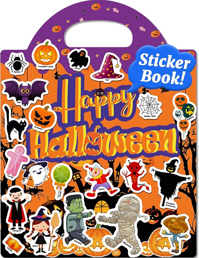 Benresive Reusable Sticker Book for Toddlers 2-4 Years, Fun Travel Stickers for Kids, Waterproof Sticker Books for Toddlers 1-3, Crafts Activities for Todddlers 1-3 2-4 3-5 - Halloween