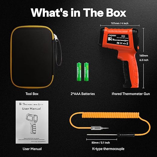 '-58°F to 2732°F Infrared Thermometer Temperature Gun with Thermocouple Probe, 50:1 Laser Temperature Gun for Humidity Measurement, BBQ, AC, High Temp Gun for Engine, Kiln, Forging, Industrial Use