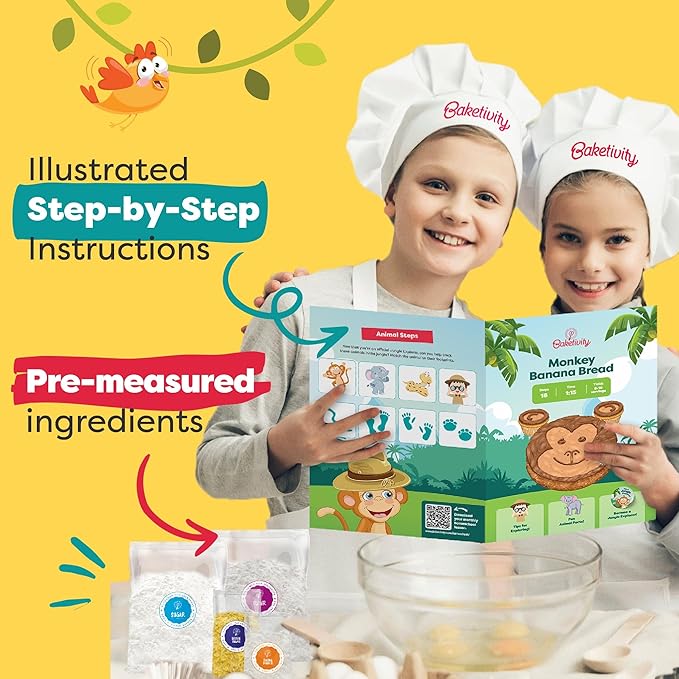 BAKETIVITY Monkey Banana Bread Kids Baking Kit | Banana Cake Kids Baking Set for Girls & Boys | Baking Set for Kids with Pre-Measured Ingredients | Perfect Family Gifts for Cooking Lovers Ages 6-12