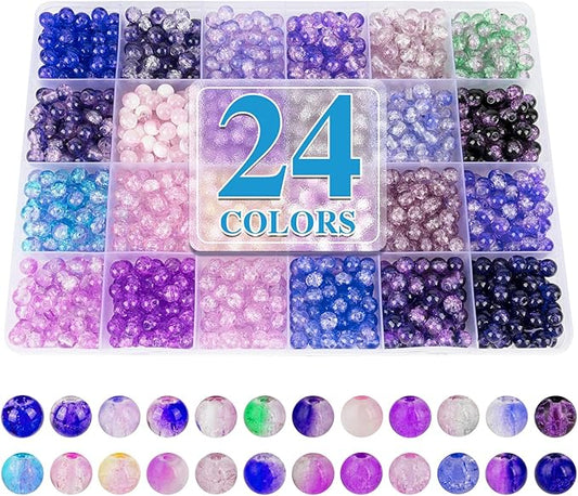 About 1200PCS 6mm Crack Glass Beads,24 Assorted Crack Violet Purple Series Colorful Crystal Beads for Bracelet and Jewelry Making and DIY Crafts,Friendship Bracelets