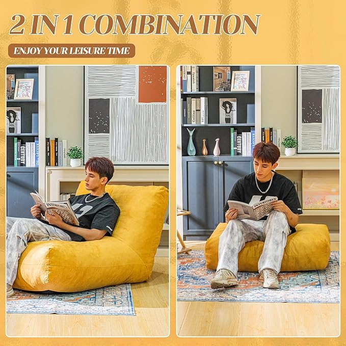 Bean Bag Chair with Ottoman, Comfy Bean Bag Sofa with Memory Foam, Lazy BeanBag Sofa with Footstool, Fireside Bean Bag Couch for Living Room, Bedroom, Apartment