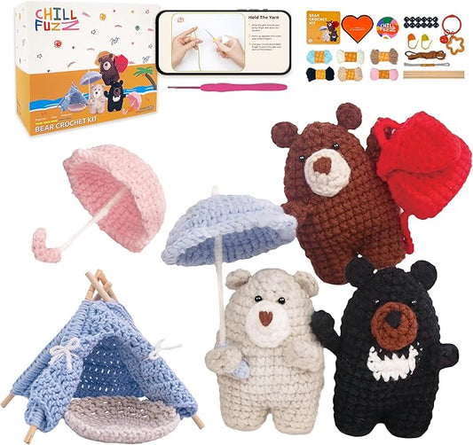 ChillFuzz Animal Crochet Kit Beginner Crochet Kit for Adults and Kids with Soft Yarn Hook and Instructions Cute Handmade DIY Gift Bear