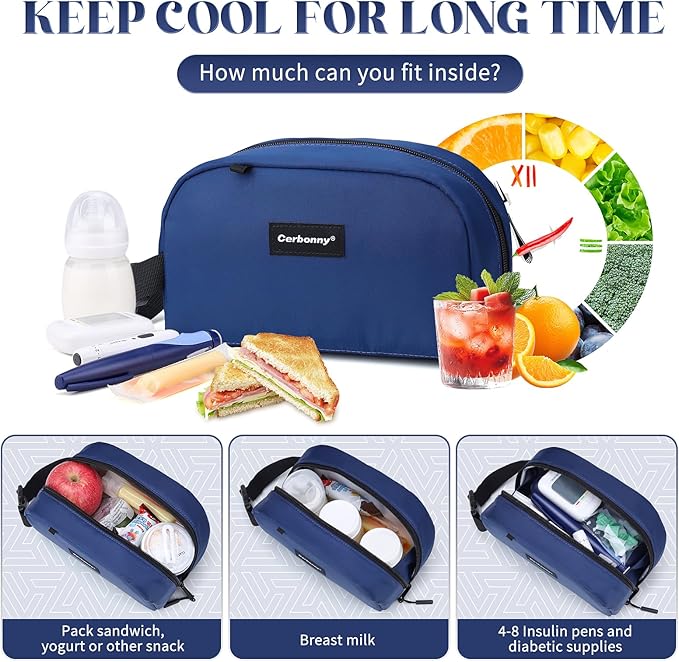 Cerbonny Reusable Lunch Bag, Freezable Insulated Cooler Bag, Leak-Proof, Portable, Navy Blue, 2.5L, 5x9x4 inches