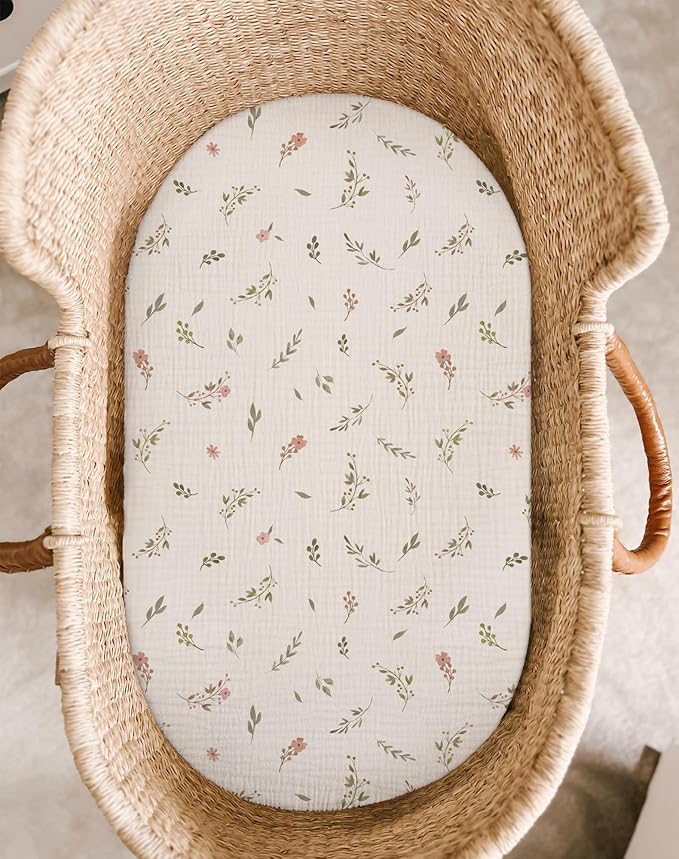 Bassinet Sheet for Baby Boy Girl 2 Pack, Fitted Sheets for Rectangle, Oval, Hourglass Bassinet Mattress, Muslin Moses Basket Sheets (Petal Leaf & Pink, Bassinet Sheet)