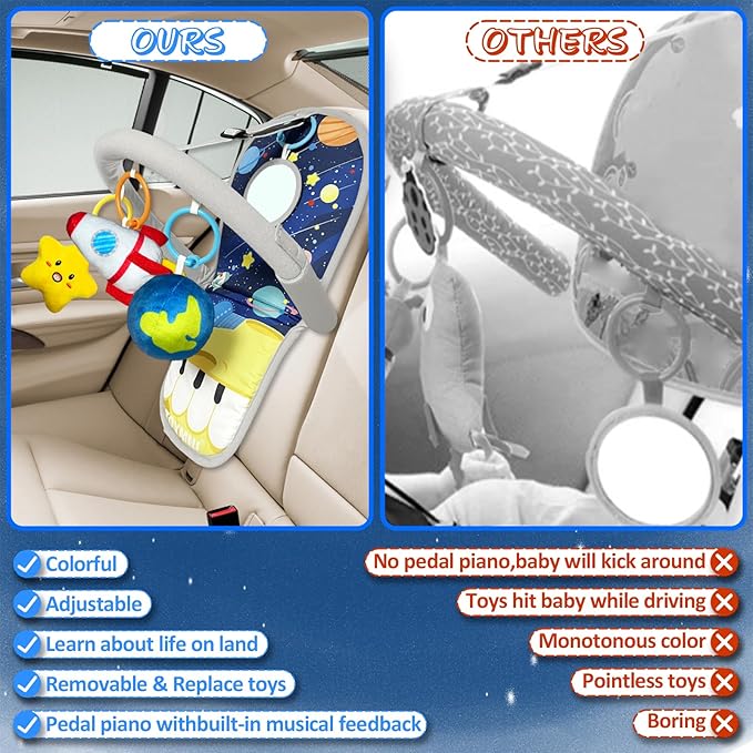 Car Seat Toys for Baby Infant 6 Months and Up, Carseat Toys with Musical Pedal Piano, Baby Mirror and Hanging Squeaky Sensory Soft Baby Toys 6 to 12 Months, Baby Car Toys Rear Facing