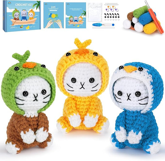Crochet Kit for Beginners, 3 Pack Duck Cat Crochet Kits with Step-by-Step Video Tutorials, Beginner Crochet Kit for Adults Kid, Crochet Animal Kit for Starters, DIY Craft Gift for Cat Lover