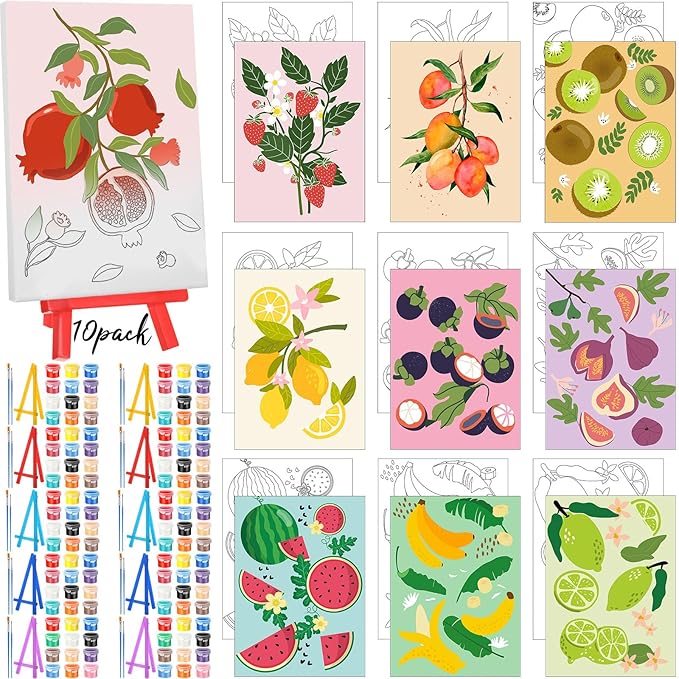 Blosssound 10 Set Pre Printed Canvas Pre Drawn Canvas Painting with Easel Kits 5" x 7" Outline Painting Panels for Beginners, DIY Craft Project, Party Favor, Home Decors(Fruit)