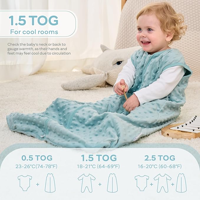 JELLYMONI Fleece Baby Sleep Sack 0-6 Months, 1.5 Tog Warm Winter Baby Wearable Blanket with Plush Dots and 2-Way Zipper, Cotton Toddler Sleep Sack