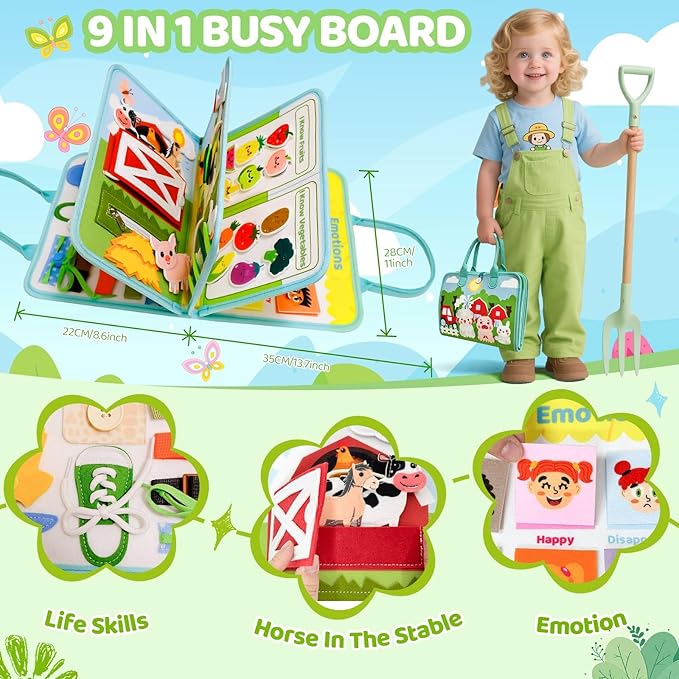Busy Book for Toddlers 1-3 - Farm Montessori Toys Busy Board for 1 Year Old Boy Girl Gifts Educational Learning Activity Book Toddler Airplane Travel Toy 1+ Years Old Birthday Gift