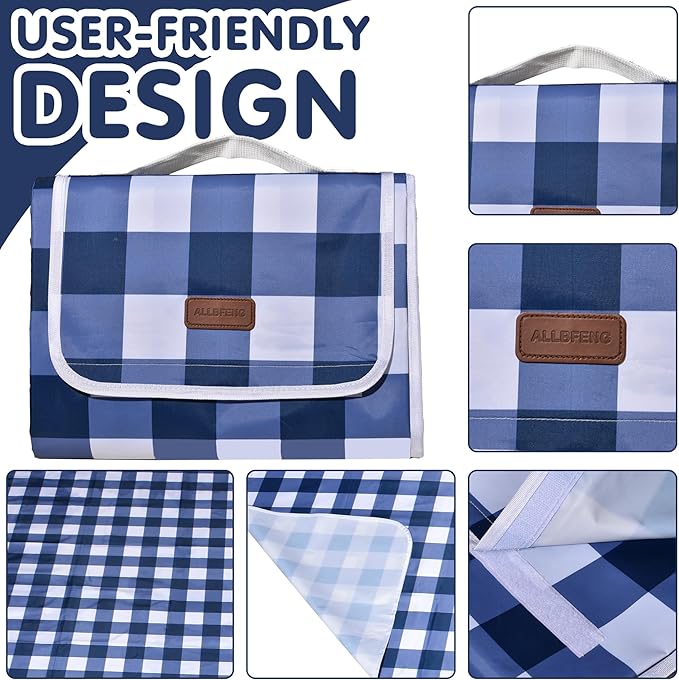 80"x80" Extra Large Waterproof Outdoor Mat - Sandproof Foldable Picnic Blanket for Family Camping, Backyard, Beach Parties - Heavy Duty & Easy Storage (Blue&White)