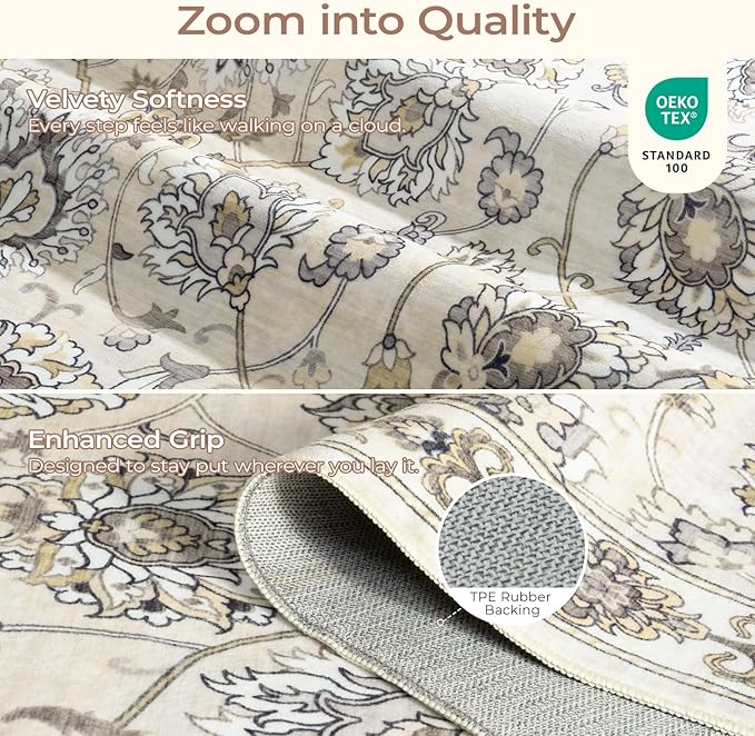 9x12 Neutral Area Rug for Living Room, Washable Large Rugs, Vintage Floral Soft Carpet, Non Slip & Low Pile, Wool Carpets for Indoor Bedroom Dining Home Playroom Office Under Table, Beige