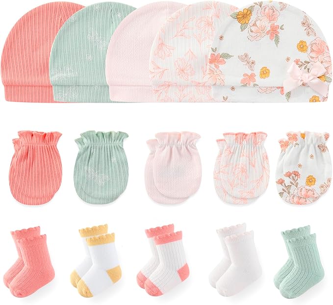 Newborn Baby Boy Girl Caps Mittens Socks Set Cotton Baby Essentials Accessories (Hats+Gloves+Socks)