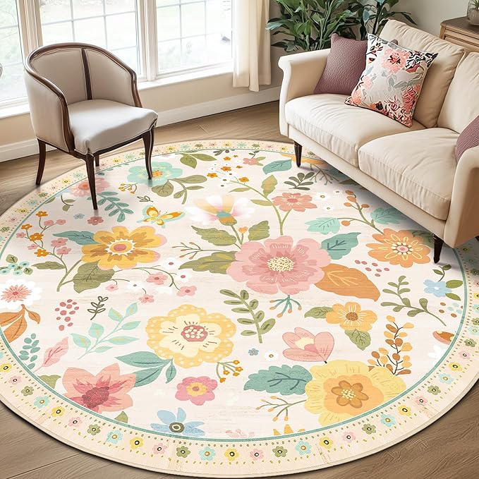 Floral 8ft Area Rug Machine Washable Soft Print Boho Carpet Non Slip Doormat Low Pile Flower Area Rugs for Living Room Bedroom Nursery Kitchen Dining Room Indoor-Beige/White/Orange