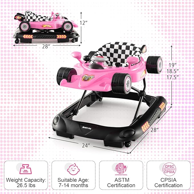 HONEY JOY Baby Walker, 4-in-1 Foldable Infant Activity Push Walker, Toddler Car Walker w/Adjustable Heights, Music, Lights, Removable Tray, Baby Walker with Wheels for Boys Girls 7-14 Months (Pink)