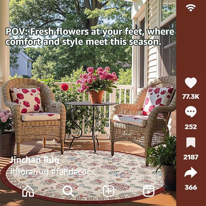 jinchan 5ft Floral Round Rug for Entryway Washable Kitchen Rug Vintage Romance Design Non Slip Indoor Doormat Lightweight Low-Profile Throw Carpet for Living Room Dining Room Bedroom, Red/Beige