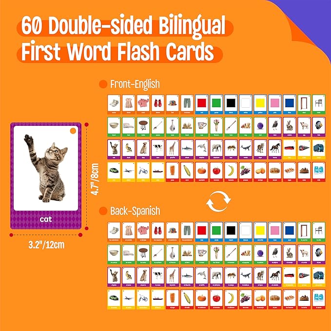 60 English Spanish Flash Cards, Double-Sided Nouns Cards Bilingual Sight Words - Animals, Colors, Food, Vehicles Cards, Language Vocabulary Learning Tool for Beginners 5+ with 2 Reclosable Rings