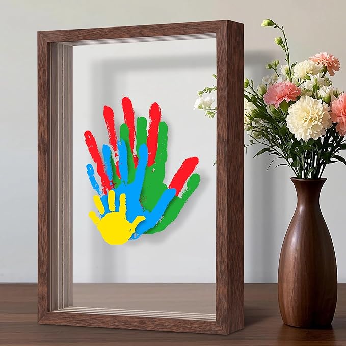 Family Handprint Kit, Hand Prints Keepsake Frame, DIY Craft Gift for New Parents & Mom & Baby, Grandparents, Mother's Day, Father's Day, Adoption Day, Anniversary, 6 Non -Toxic Paints (Walnut)