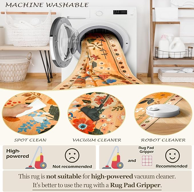 Floral 5x7 Area Rug Machine Washable Soft Print Boho Carpet Non Slip Doormat Low Pile Flower Area Rugs for Living Room Bedroom Nursery Kitchen Dining Room Indoor-Yellow/Orange