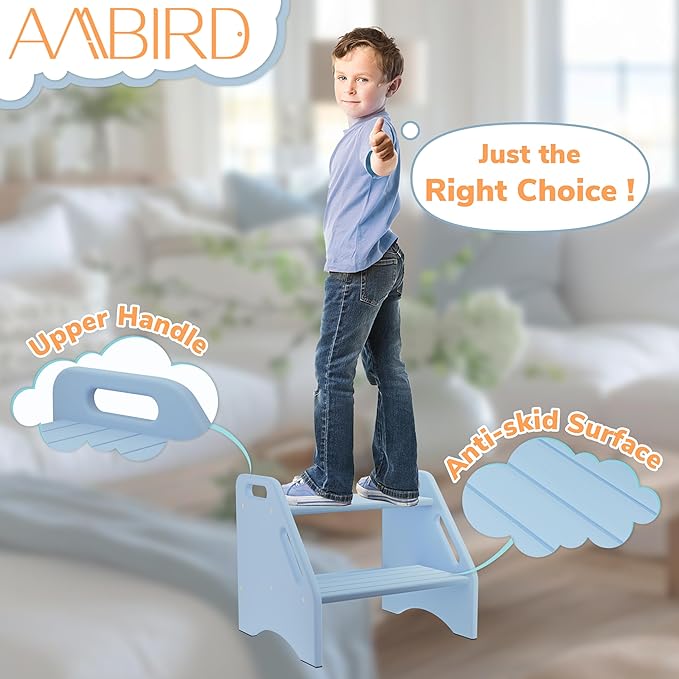 AMBIRD Wooden Step Stool, Two Step Stools 300 lbs Capacity with Safety Non-Slip Pads and Handles, Bamboo Step Stool for Bathroom, Kitchen Dual Height Step Stools for Kids (Sky Blue)