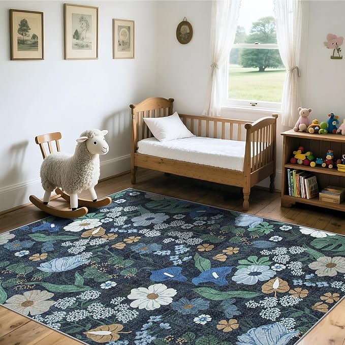 Area Rug Living Room Rugs: 6x9 Washable Rug Vintage Floral Soft Boho Non Slip Carpet Indoor Floor Non Shedding Low Pile Thin Carpets for Bedroom Dining Room Farmhouse Nursery Home Office Blue