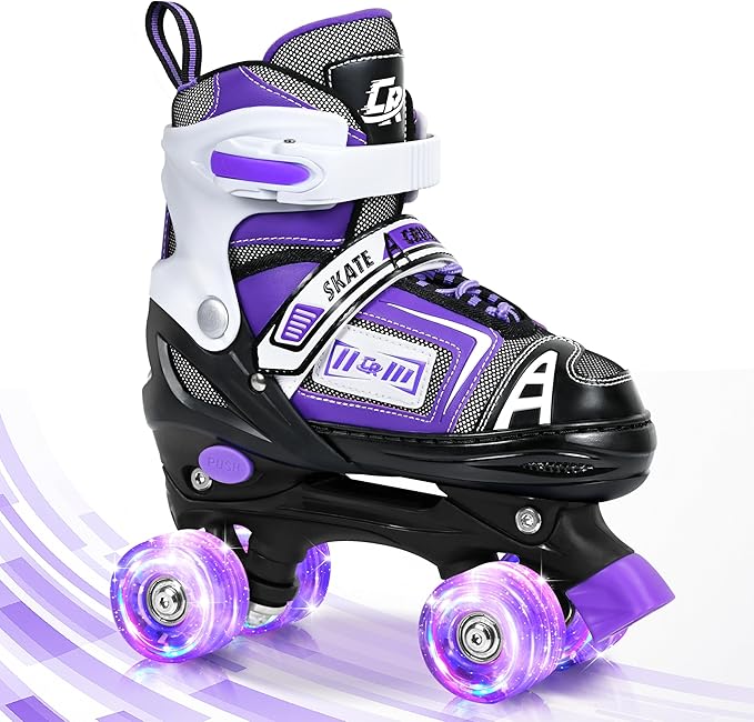 Adjustable Quad Skates for Kids, Teens, and Adults – Light-Up Wheels – Comfortable Fit, Secure Closure, Indoor and Outdoor Roller Skates for Boys and Girls