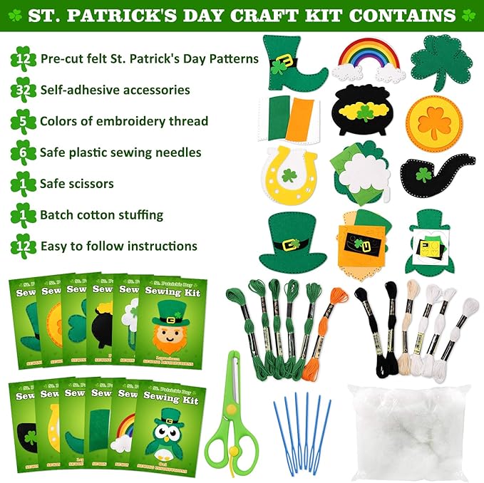 CiyvoLyeen St. Patrick's Day Craft Kids Sewing Kit Fun Saint Paddy's Day Felt DIY Craft Sewing for Girls and Boys Beginners Includes 12 Projects Clover Shamrock Ornaments Irish Education Gift Ideas