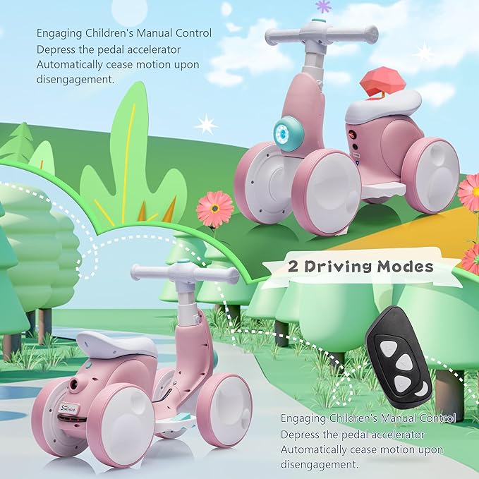 6V Electric Baby Balance Bike with Bubble Machine,4 in 1 Toddler Balance Bike w/Remote Control for 1 Year Old Boys Girls Kids Bubble Bike Ride on Toys w/Powered Motor,Music,LED Lights (Pink)