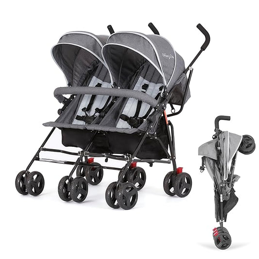 Dream On Me Volgo Twin Umbrella Stroller in Gray, Lightweight Double Stroller for Infant & Toddler, Compact Easy Fold, Large Storage Basket, Large and Adjustable Canopy