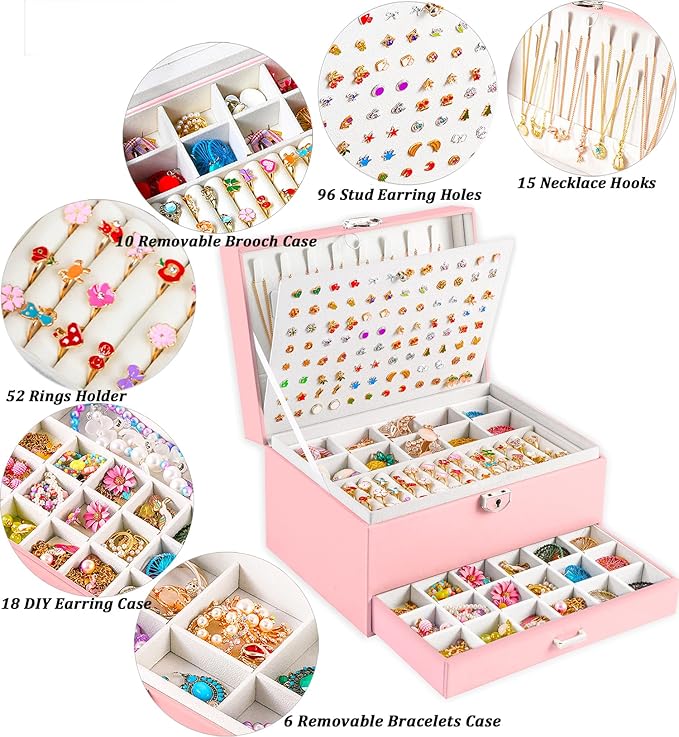 Earrings Jewelry Box for Girls, 5 Layers Jewelry Organizer with Earring Holder Organizer for Girls Earring Organizer Jewelry Boxes for Women Earrings and Necklaces Jewelry Box Organizer Pink