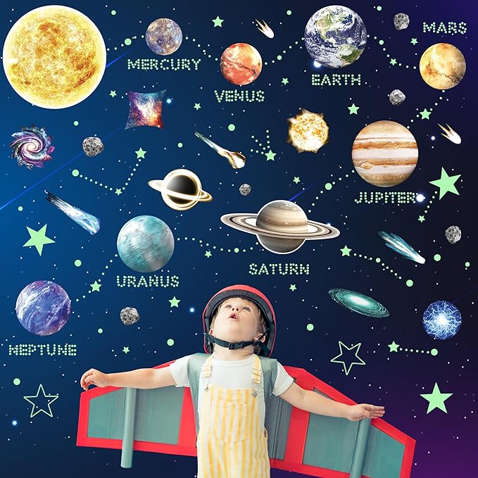 Glow in The Dark Stars and Planets for Ceiling, Robmoda Glow Solar System Wall Stickers, Space Wall Decals for Kids Boys Room (Green)
