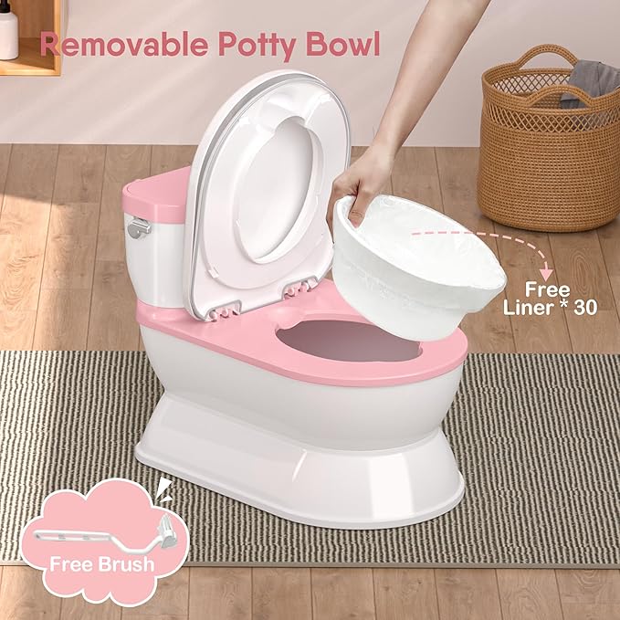 2-in-1 Toddler Potty Training Toilet - Larger Potty Chair & Detachable Training Seat for Boys & Girls Ages 1-3 with Flushing Sound, Wipes Storage, Toilet Paper Holder - Pink